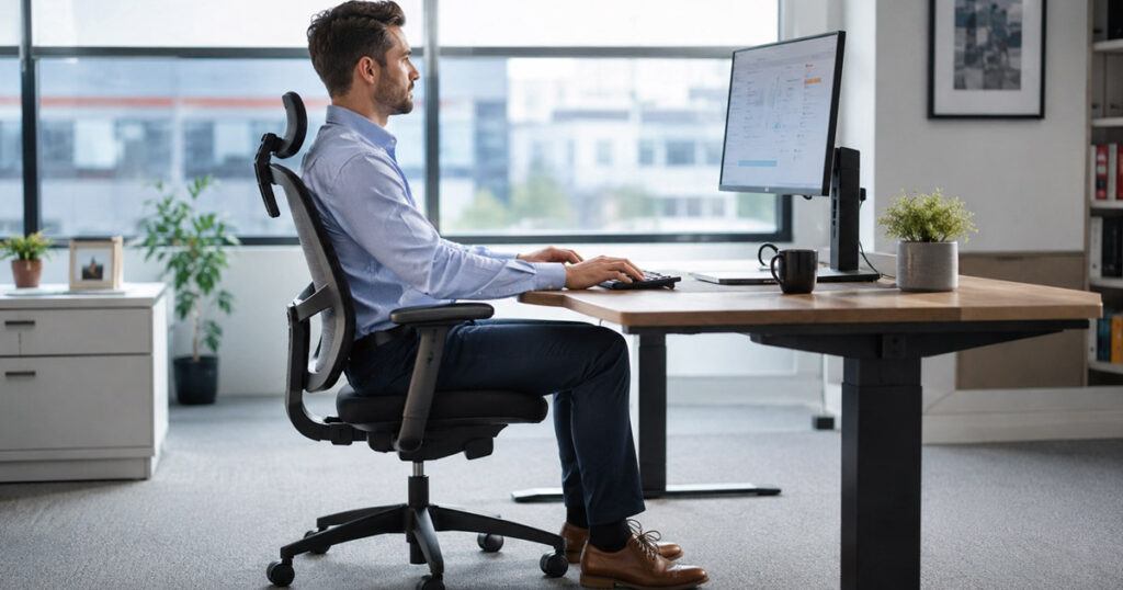 Persona sentada correctamente en una silla ergonómica de oficina con buena postura