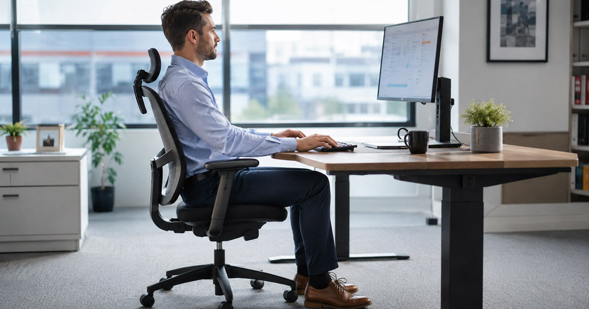 Persona sentada correctamente en una silla ergonómica de oficina con buena postura