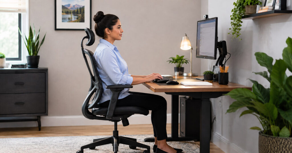 Mujer trabajando desde casa con postura correcta en escritorio ergonómico