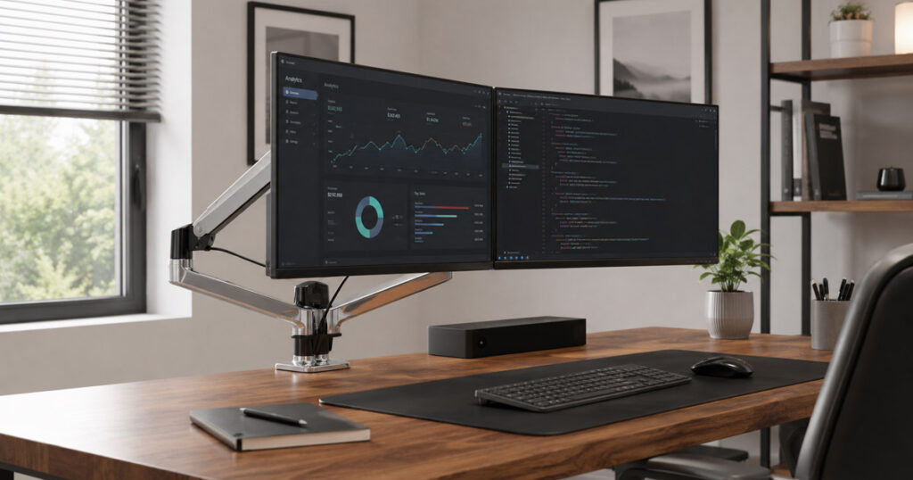 Brazo para monitor doble Ergotron sosteniendo dos pantallas en un home office