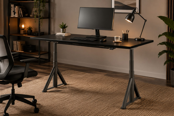 Tablero negro + control. Alt: "escritorio de pie eléctrico IKEA IDASEN