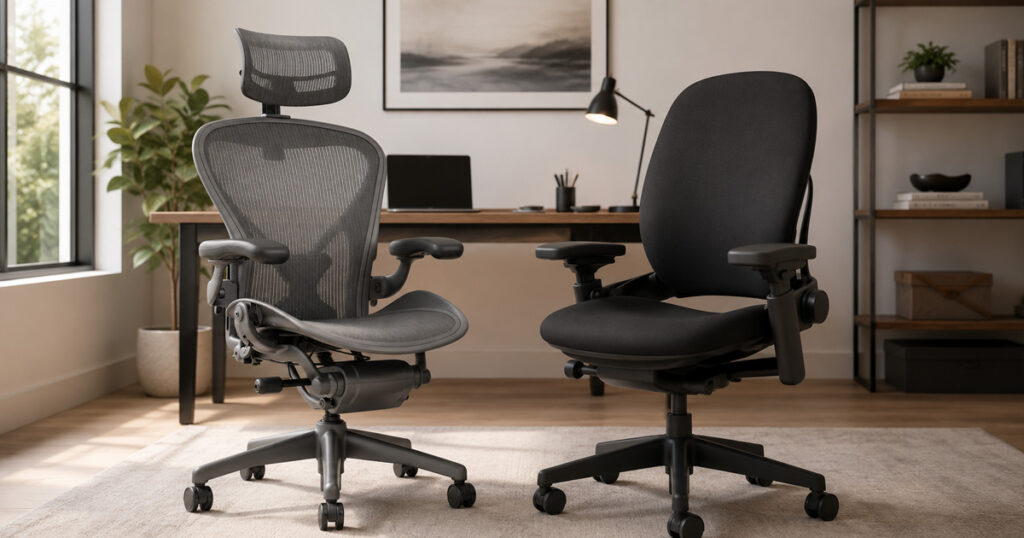 Herman Miller Aeron y Steelcase Leap V2 comparados lado a lado en oficina en casa