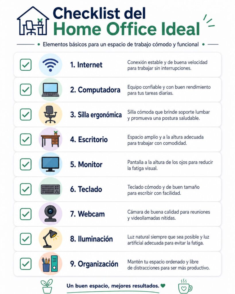 Checklist visual de elementos esenciales para trabajar desde casa - ¿Qué Necesitas para Trabajar desde Casa - Checklist Completo