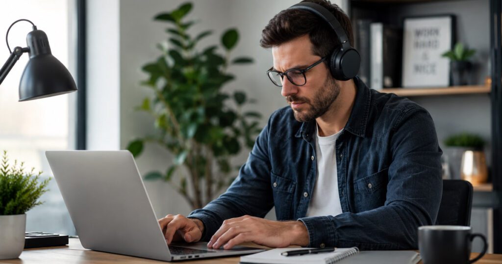 Persona trabajando desde casa con auriculares con cancelación de ruido