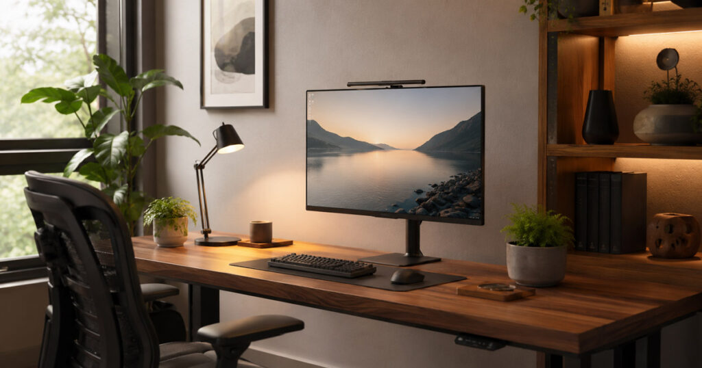 Monitor de 27 pulgadas en un escritorio de home office bien iluminado