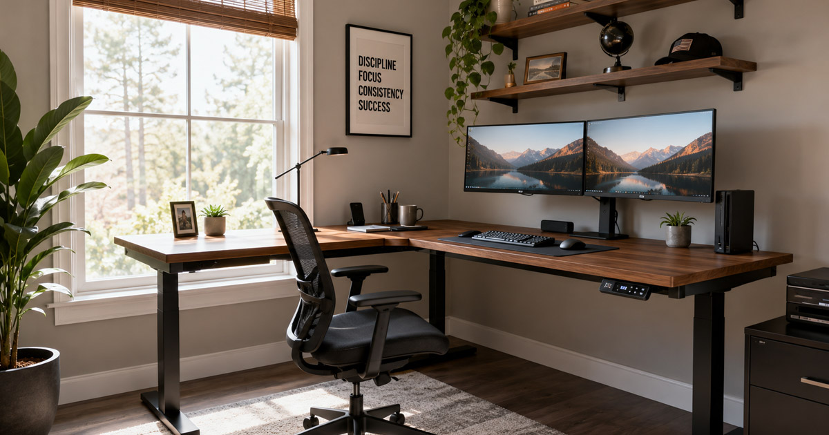 Escritorio en L ajustable de altura en una esquina de home office con dos monitores