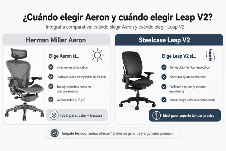Infografía comparativa: cuándo elegir Aeron y cuándo elegir Leap V2