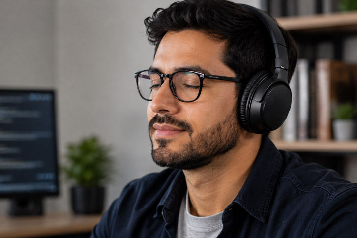 Detalle de almohadillas de auriculares ergonómicos para jornadas largas