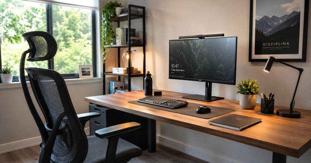 Setup completo de home office con silla ergonómica y escritorio organizado