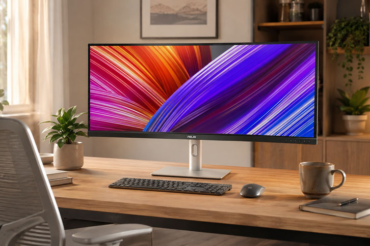 Los 5 Mejores Monitores Ultrawide para Productividad en 2026 - Monitor ASUS ProArt PA34VCNV con colores vibrantes en estación de diseño gráfico