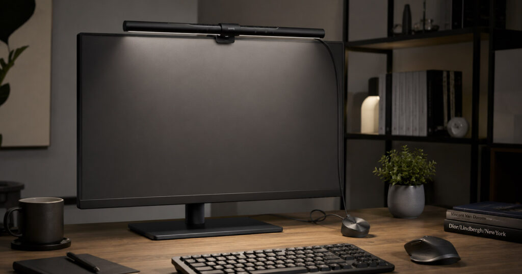 BenQ ScreenBar Plus instalado sobre monitor en escritorio de home office