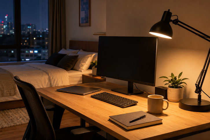 Lámpara de escritorio con luz cálida en mesa de dormitorio por la noche