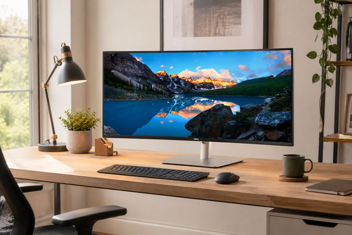 Monitor Dell UltraSharp U3425WE de 34 pulgadas con hub USB-C sobre escritorio blanco