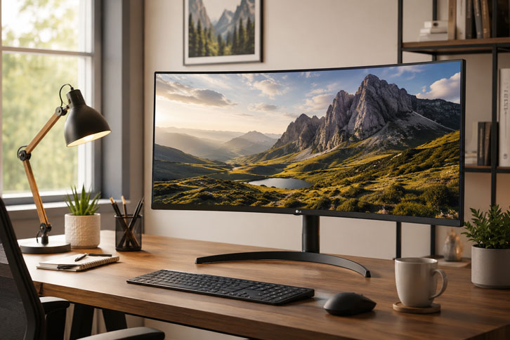 Monitor LG 34WP65C-B curvo de 34 pulgadas en setup de oficina económico