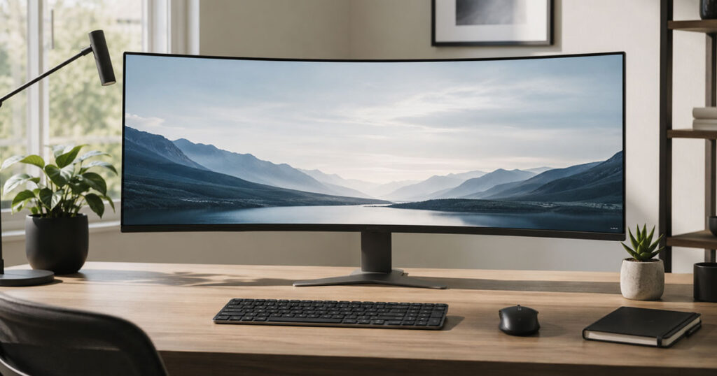 Monitor ultrawide curvo de 34 pulgadas en escritorio de home office minimalista