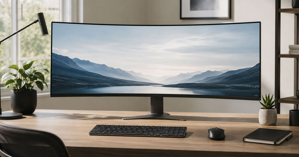 Monitor ultrawide curvo de 34 pulgadas en escritorio de home office minimalista