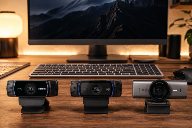 Comparación Logitech C920 vs C922 vs Brio sobre escritorio de home office