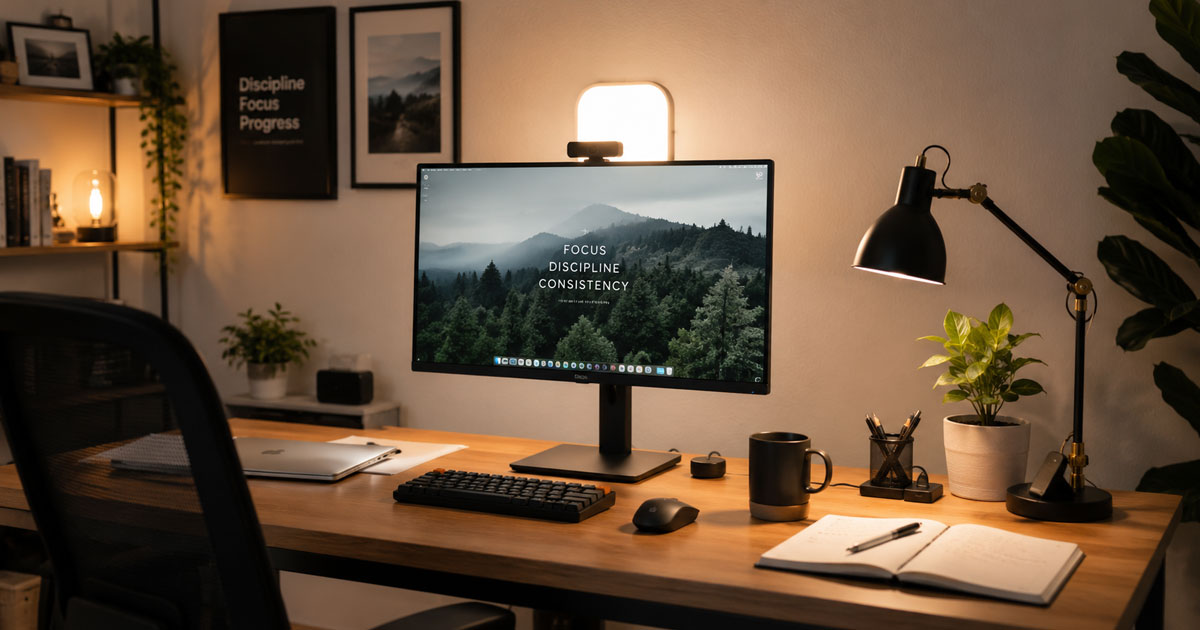 Iluminación para videollamadas en un escritorio de home office