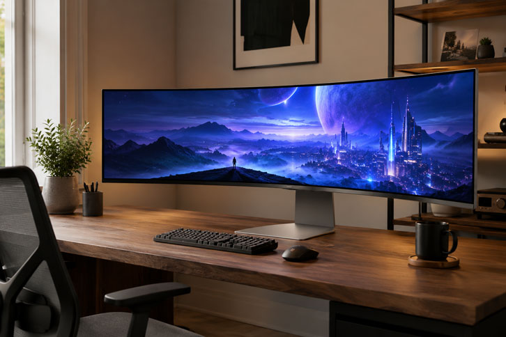 Monitor curvo Samsung Odyssey OLED G9 de 49 pulgadas con panel OLED en escritorio gamer