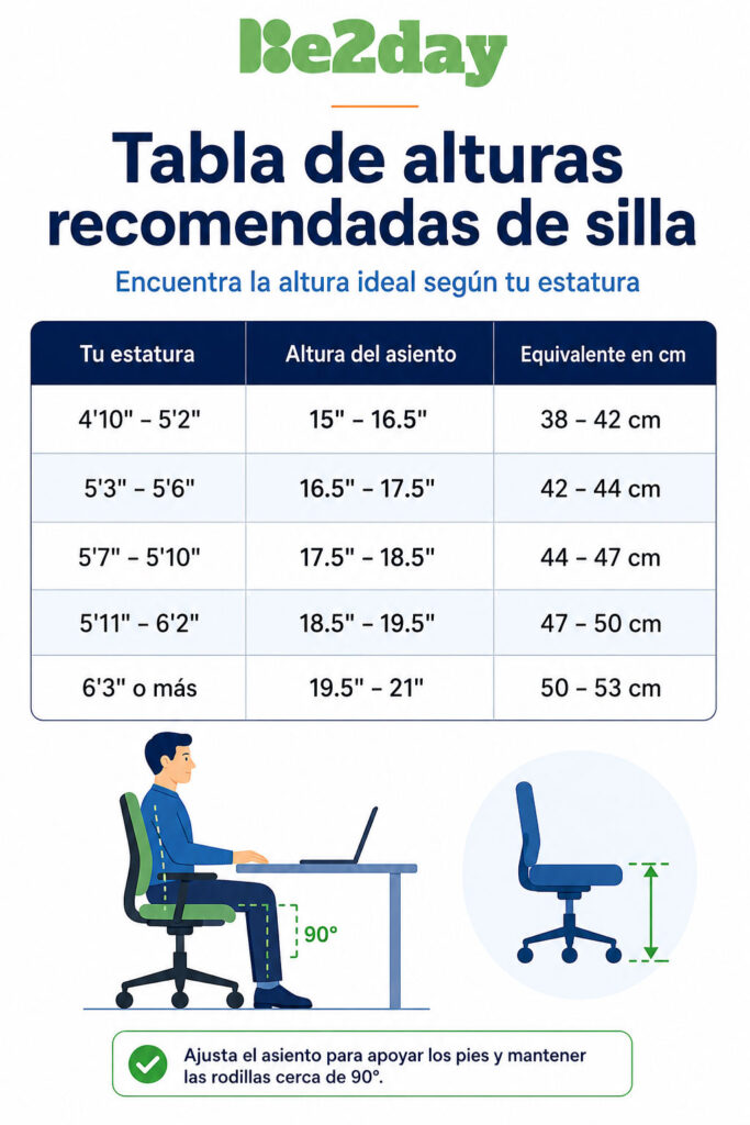  altura escritorio según estatura - Tabla de alturas recomendadas de silla según estatura, en pulgadas y centímetros