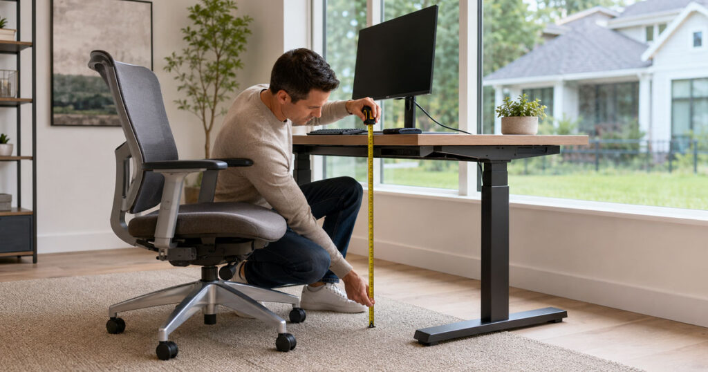 Descubre la altura correcta de tu escritorio y silla según tu estatura, con tablas en pulgadas y cm. Fórmulas simples, sin necesidad de calculadora.
