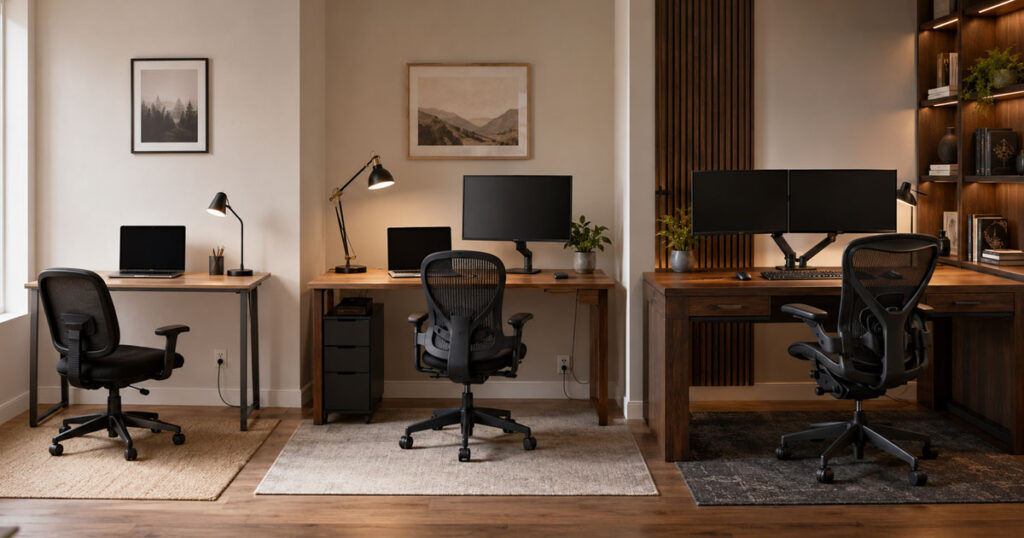 Comparación visual de tres niveles de presupuesto para armar un home office