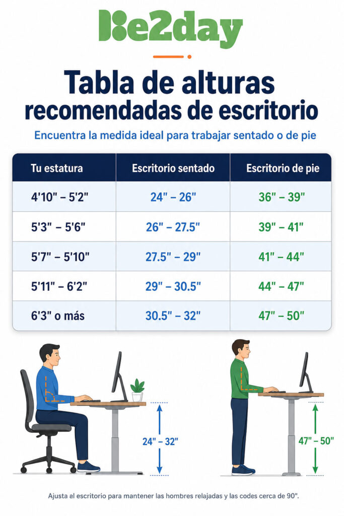 Tabla de alturas recomendadas de escritorio sentado y de pie según estatura