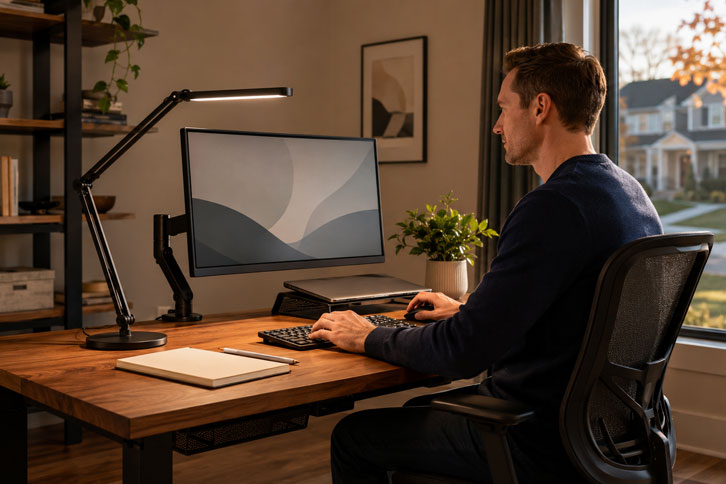 Lámpara LED de escritorio iluminando espacio de trabajo en casa