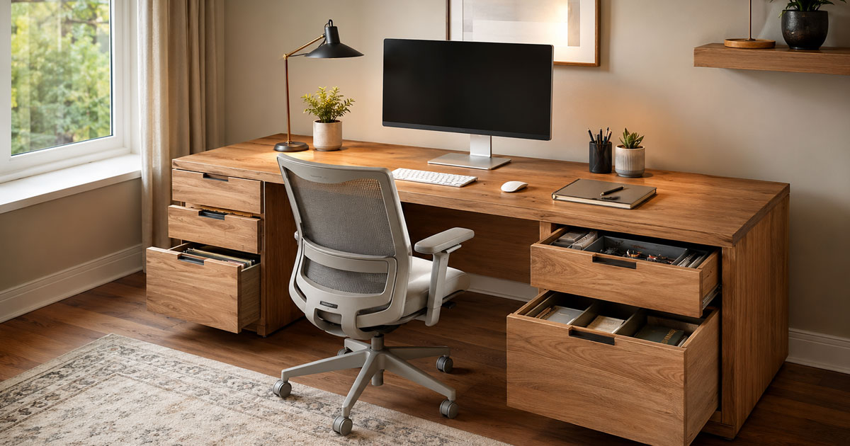 Escritorio con cajones de madera en un home office organizado