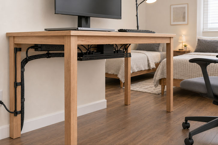 Cables organizados bajo un escritorio pequeño en un cuarto compartido