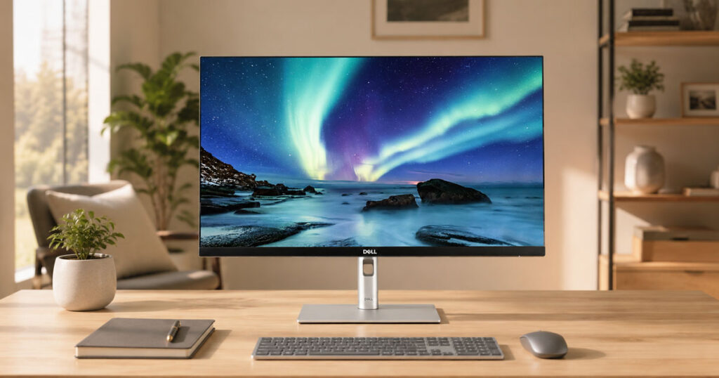 Monitor 4K de 27 pulgadas en escritorio de oficina en casa