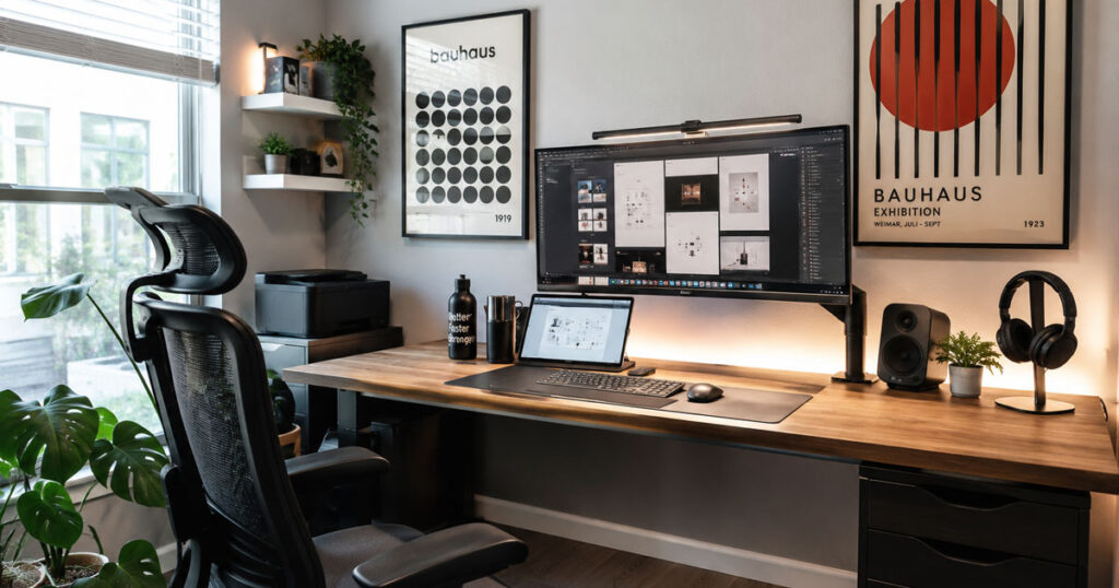 Setup de home office para diseñador gráfico con monitor ProArt y tableta Wacom