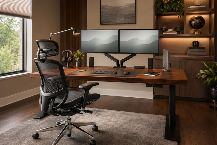 Home office completo con doble monitor y silla ergonómica premium