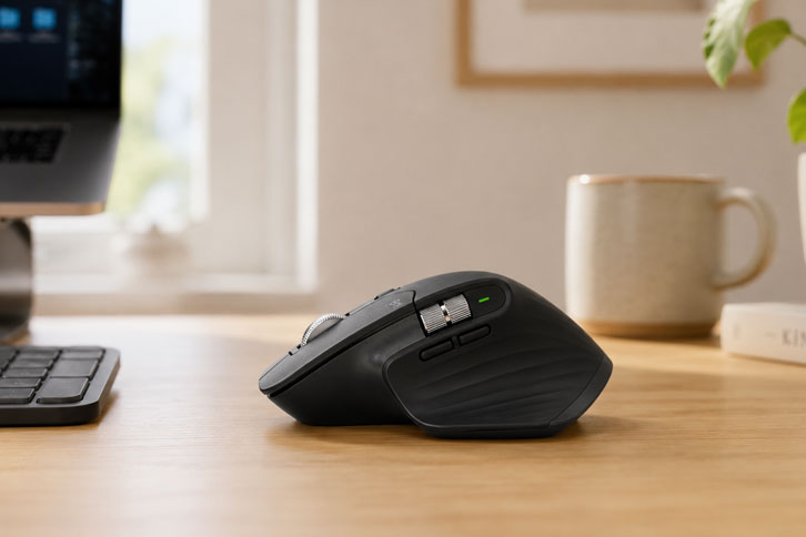 Logitech MX Master 3S review 2026" — mouse sobre escritorio de home office