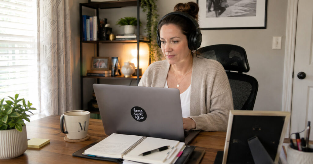 Mamá trabajando desde casa en escritorio ordenado con laptop y auriculares
