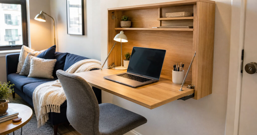 escritorio plegable de pared abierto en un apartamento pequeño con laptop