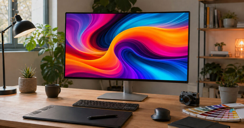 Monitor para diseño gráfico con colores vibrantes en escritorio de home office